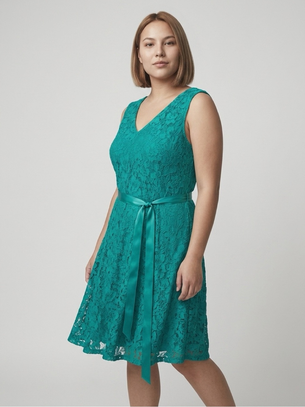 Lane Bryant Teal Lace A-Line Dress with Satin Waist Tie